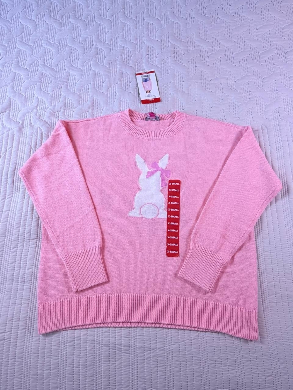 Vince Camuto Pink Crewneck Sweater with White Bunny Intarsia